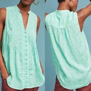 Anthropologie Maeve Petunia Green Pintuck Blouse Size Small Viscose Bohemian Top